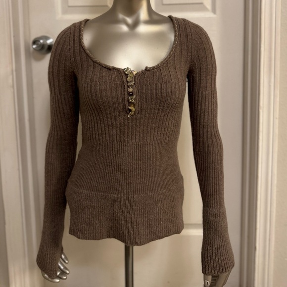 Free People Tops - Y2K Free People Ribbed Henley Sweater Brown Size S wool blend